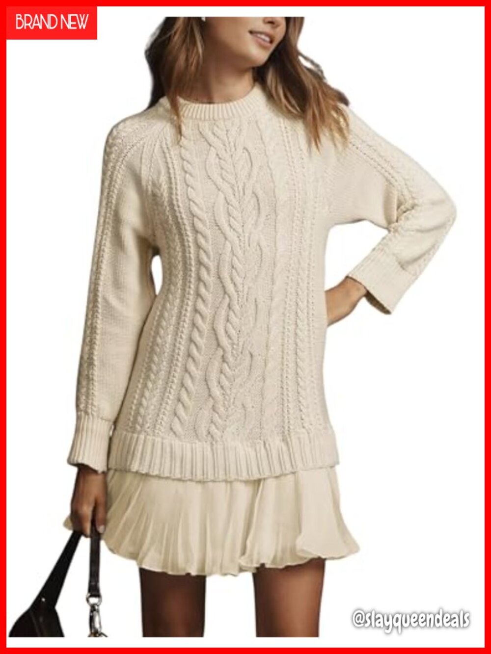 Cable Knit Sweater Mini Dress Crewneck Long Sleeve Pleated Twofer Style